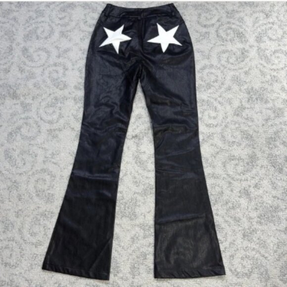 Nasty Gal Faux Leather Star Bum Flared Pants Size 0 Black Bellbottoms Rock New - Picture 1 of 5